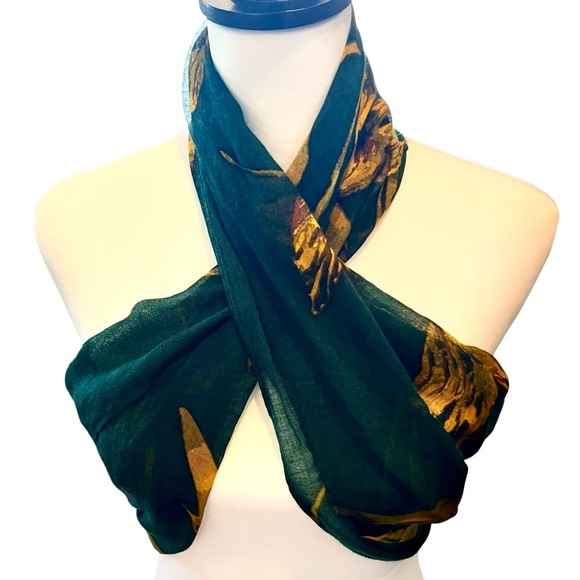 NWT ANN TAYLOR Green and Yellow Floral Chiffon  Scarf - Picture 5 of 7